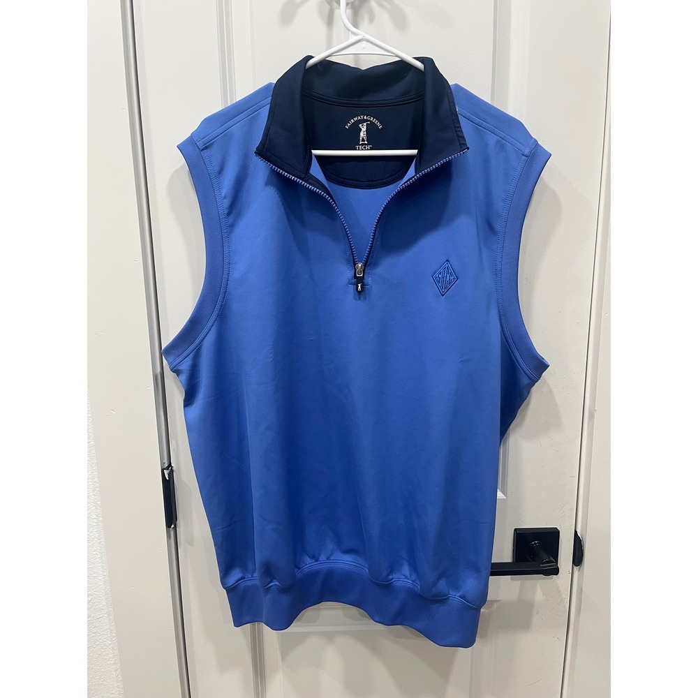 Fairway & Greene Mens Tech Sleeveless Golf Vest Blue‎ Quarter Zip Logo Size L